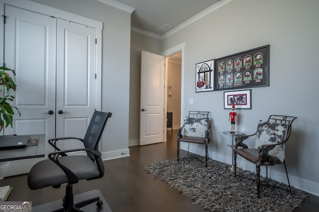 office space featuring crown molding and dark hardwood / wood-style floors