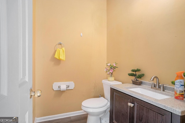 bathroom with vanity, toilet, and wood-type flooring