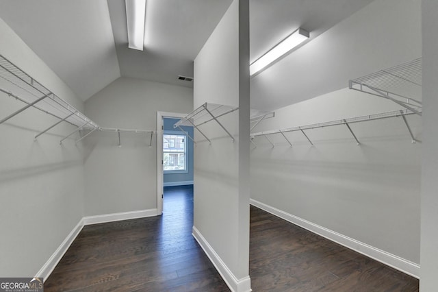 spacious closet with dark hardwood / wood-style flooring and vaulted ceiling