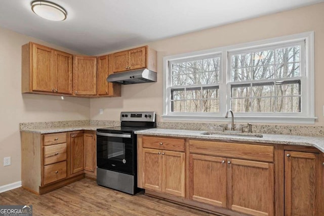 kitchen with light wood-type flooring, a healthy amount of sunlight, sink, and electric range