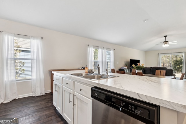 kitchen with white cabinetry, stainless steel dishwasher, a healthy amount of sunlight, and sink