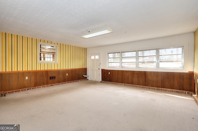 spare room with carpet and wood walls