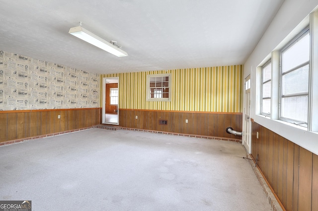 carpeted empty room with wood walls