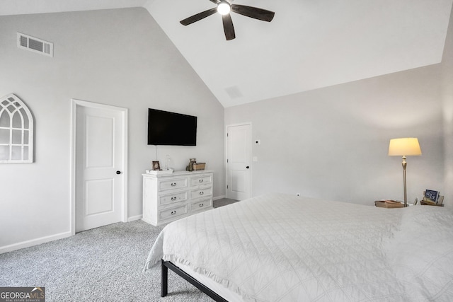 bedroom featuring high vaulted ceiling, ceiling fan, and carpet flooring