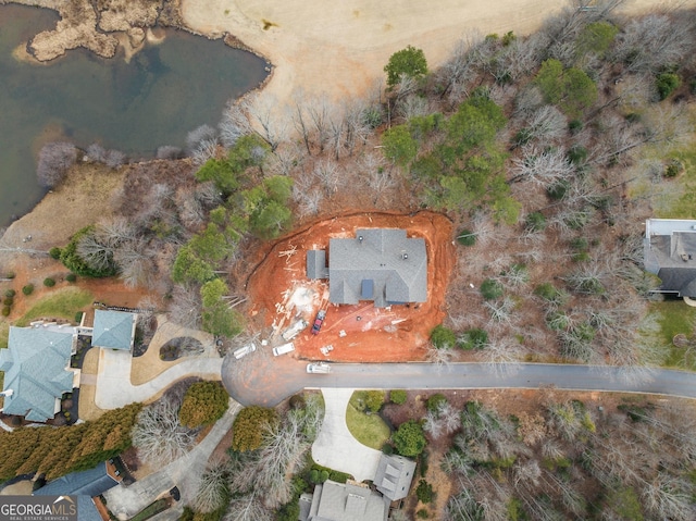 drone / aerial view featuring a water view