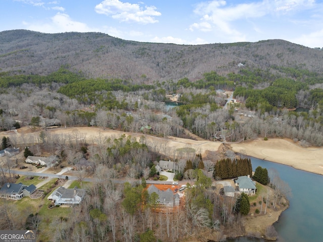 bird's eye view with a water and mountain view