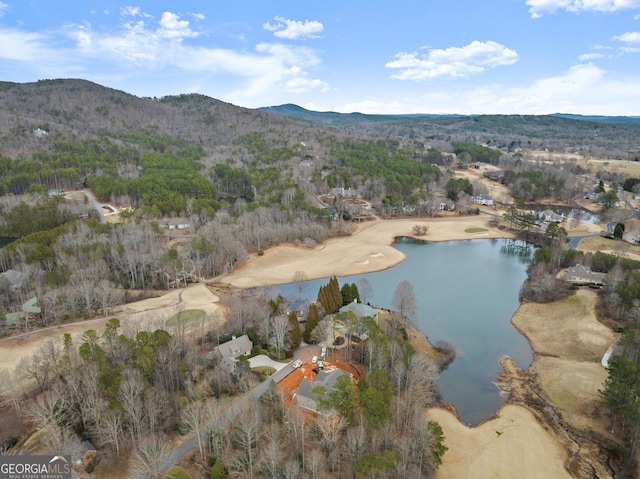 drone / aerial view with a water and mountain view