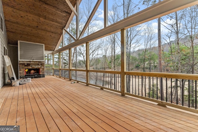 deck featuring a fireplace