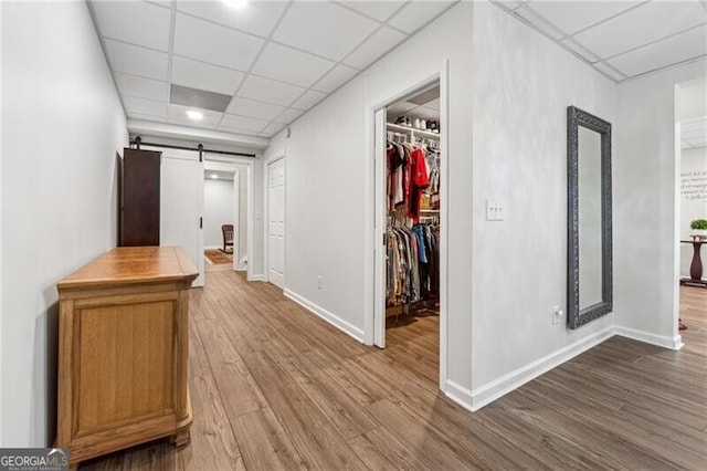 hall with a barn door, hardwood / wood-style floors, and a drop ceiling