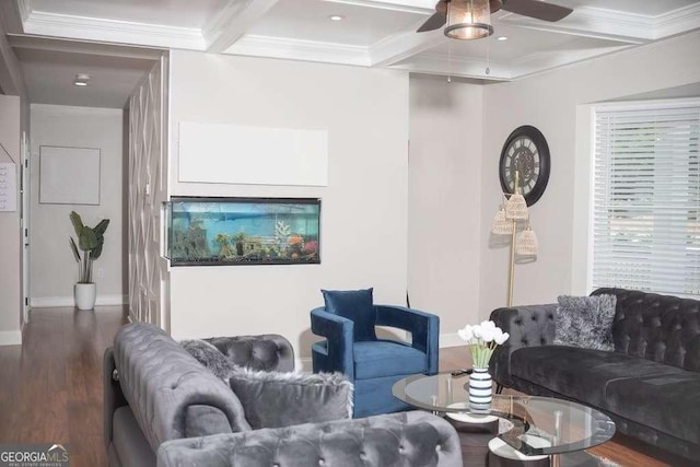 living room with crown molding, coffered ceiling, dark wood-type flooring, and beam ceiling