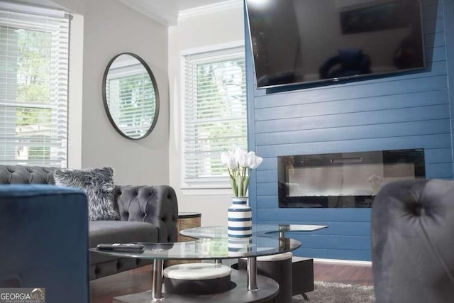 living room featuring ornamental molding and hardwood / wood-style floors