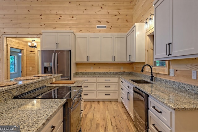 kitchen featuring sink, light stone counters, wood walls, stainless steel appliances, and white cabinets