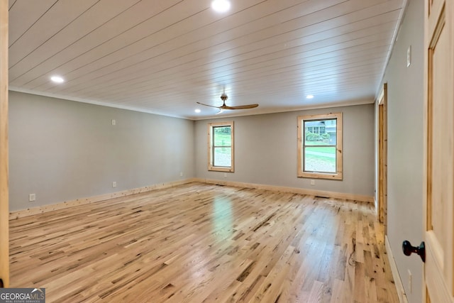 unfurnished room with ornamental molding, light hardwood / wood-style flooring, wood ceiling, and ceiling fan