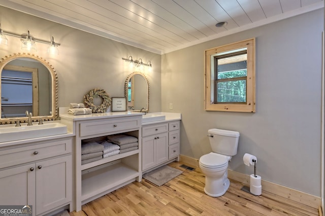 bathroom featuring toilet, vanity, wood-type flooring, and wood ceiling