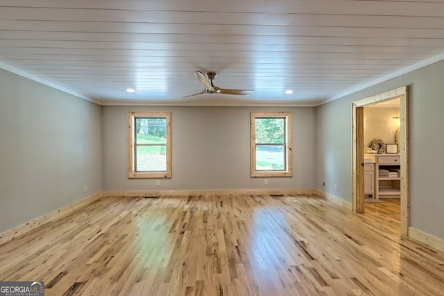 unfurnished room with ornamental molding, ceiling fan, and light hardwood / wood-style flooring