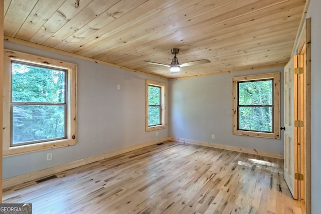 empty room featuring ceiling fan, a healthy amount of sunlight, wooden ceiling, and light wood-type flooring