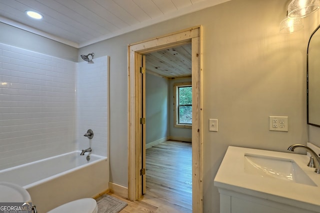 full bathroom featuring shower / tub combination, hardwood / wood-style floors, vanity, wood ceiling, and toilet