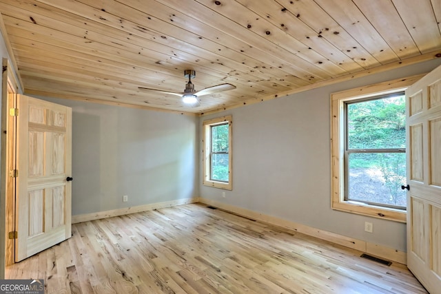 empty room with ceiling fan, wood ceiling, and light wood-type flooring