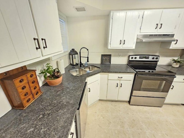 kitchen with tasteful backsplash, sink, white cabinets, electric range, and white dishwasher