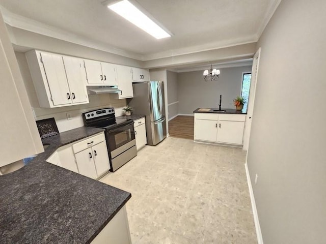 kitchen featuring stainless steel appliances, sink, hanging light fixtures, and white cabinets