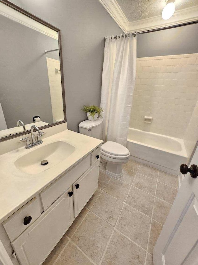 full bathroom with crown molding, vanity, shower / bath combination with curtain, a textured ceiling, and toilet