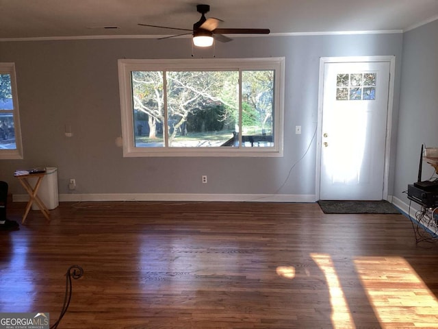 interior space with crown molding, dark hardwood / wood-style floors, and ceiling fan