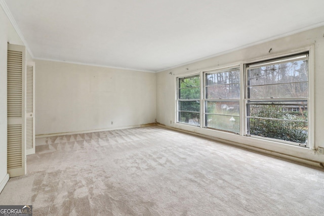 empty room with ornamental molding and light carpet