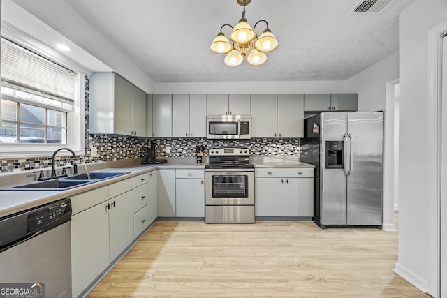 kitchen featuring appliances with stainless steel finishes, decorative light fixtures, sink, and light wood-type flooring