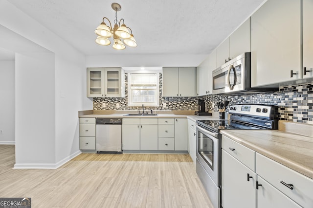 kitchen featuring decorative light fixtures, sink, backsplash, stainless steel appliances, and light hardwood / wood-style flooring