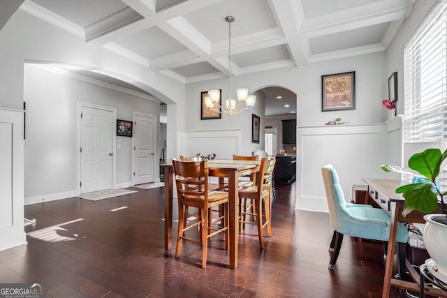 dining area with coffered ceiling, a chandelier, beamed ceiling, and dark hardwood / wood-style floors