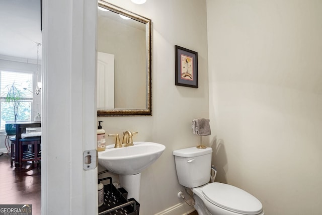 bathroom with hardwood / wood-style flooring, sink, and toilet