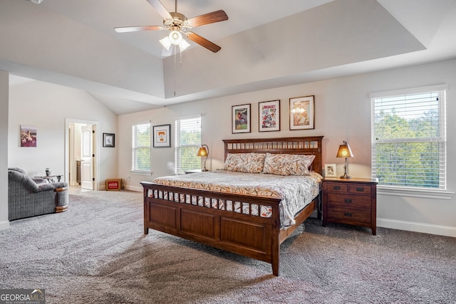 bedroom with carpet, vaulted ceiling, a tray ceiling, and ceiling fan