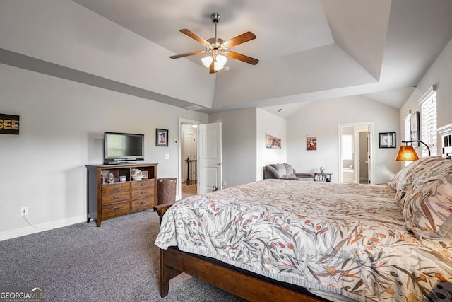 bedroom with carpet floors, lofted ceiling, ceiling fan, and ensuite bath