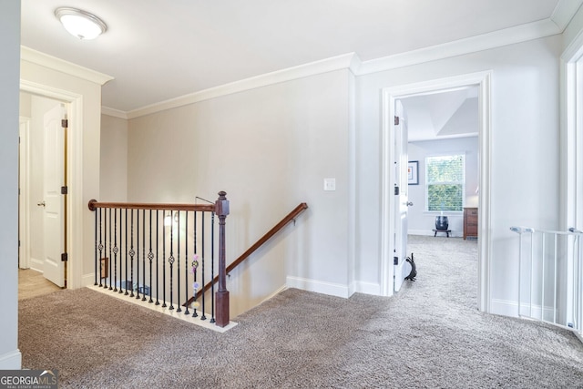 corridor with light carpet and ornamental molding