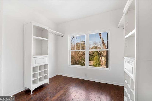 walk in closet with dark wood-type flooring