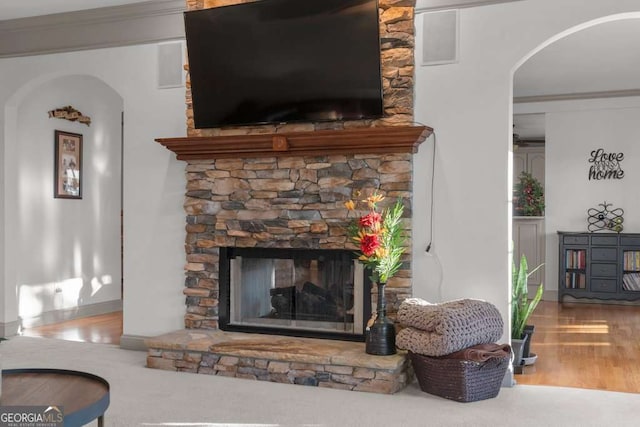 details featuring crown molding, hardwood / wood-style floors, and a fireplace