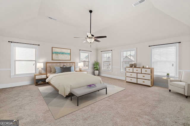 carpeted bedroom with lofted ceiling and ceiling fan