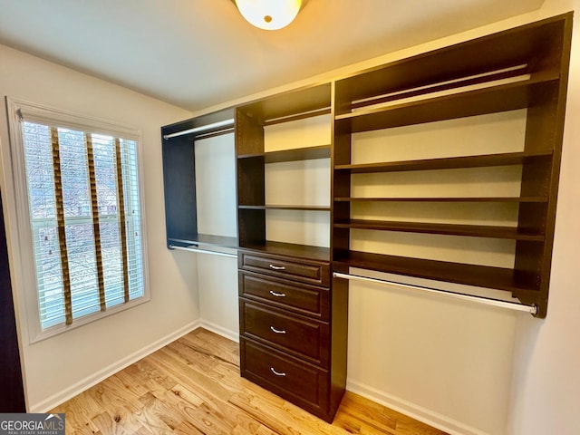 walk in closet with light hardwood / wood-style flooring