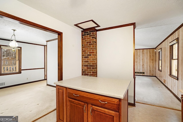 kitchen featuring light carpet, hanging light fixtures, a textured ceiling, and wood walls