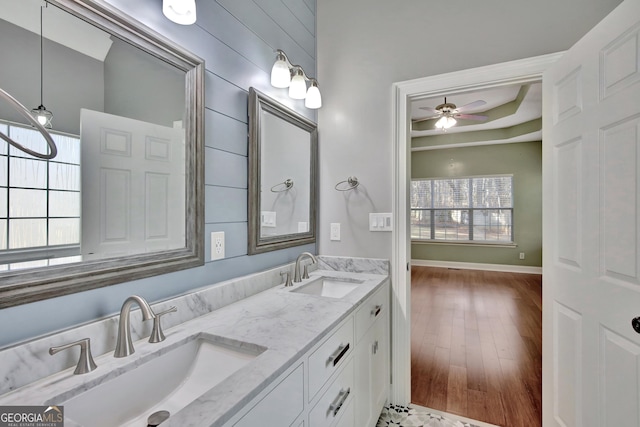 bathroom with vanity, hardwood / wood-style flooring, a raised ceiling, and ceiling fan