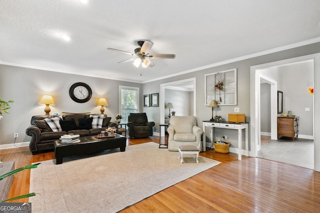 living room featuring crown molding, light hardwood / wood-style floors, ceiling fan, and a textured ceiling