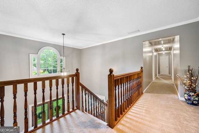 hallway featuring crown molding, light colored carpet, and a textured ceiling