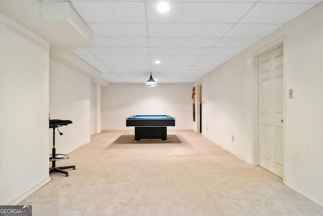 game room with billiards, carpet flooring, and a drop ceiling