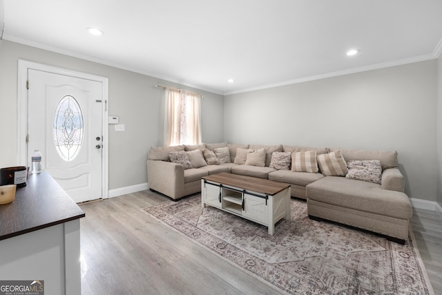 living room featuring crown molding, plenty of natural light, and light hardwood / wood-style floors