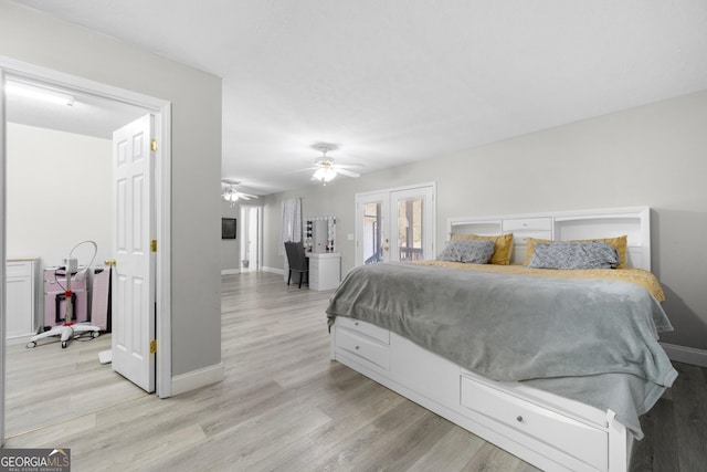 bedroom featuring ceiling fan, access to exterior, and light wood-type flooring