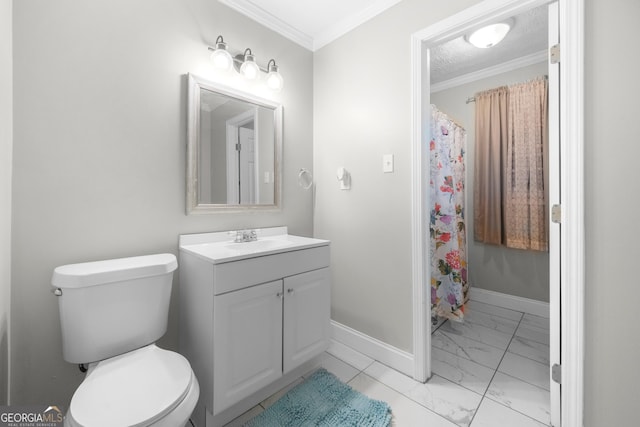 bathroom with crown molding, vanity, toilet, and a textured ceiling