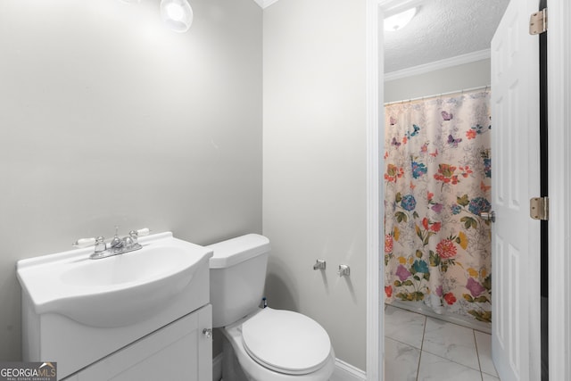 bathroom with vanity, ornamental molding, a textured ceiling, toilet, and walk in shower