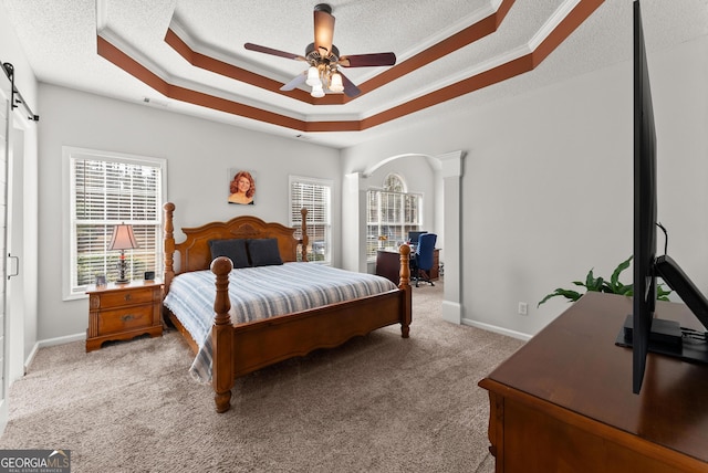 bedroom featuring a tray ceiling, light colored carpet, a barn door, and a textured ceiling