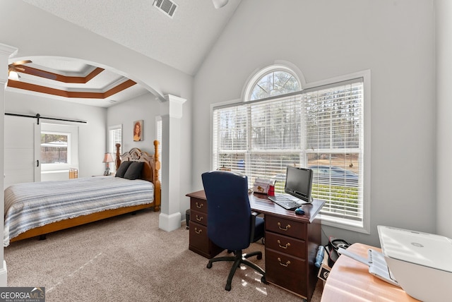 carpeted bedroom featuring a tray ceiling, a barn door, vaulted ceiling, and a textured ceiling