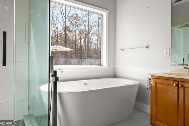 bathroom featuring vanity and a washtub